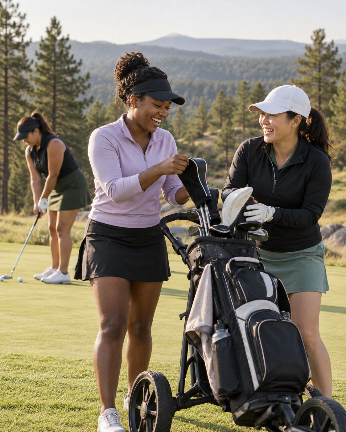 Two women share a laugh while preparing a push cart before their division round.