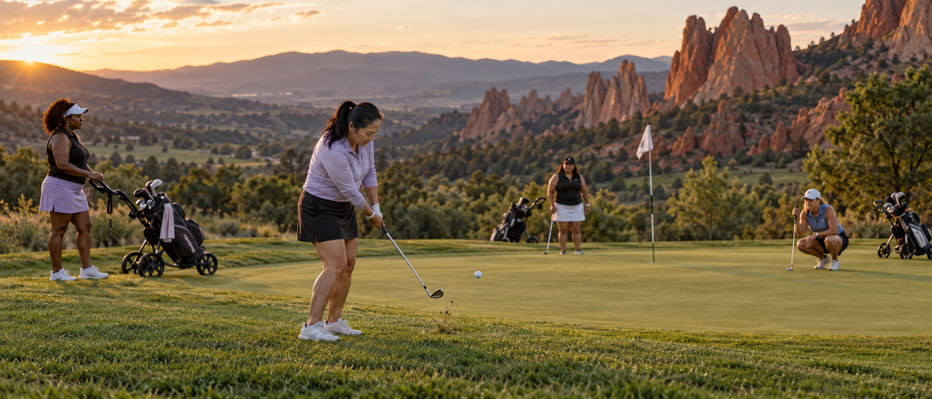 Women compete on a championship hole framed by dramatic Colorado red rock formations.